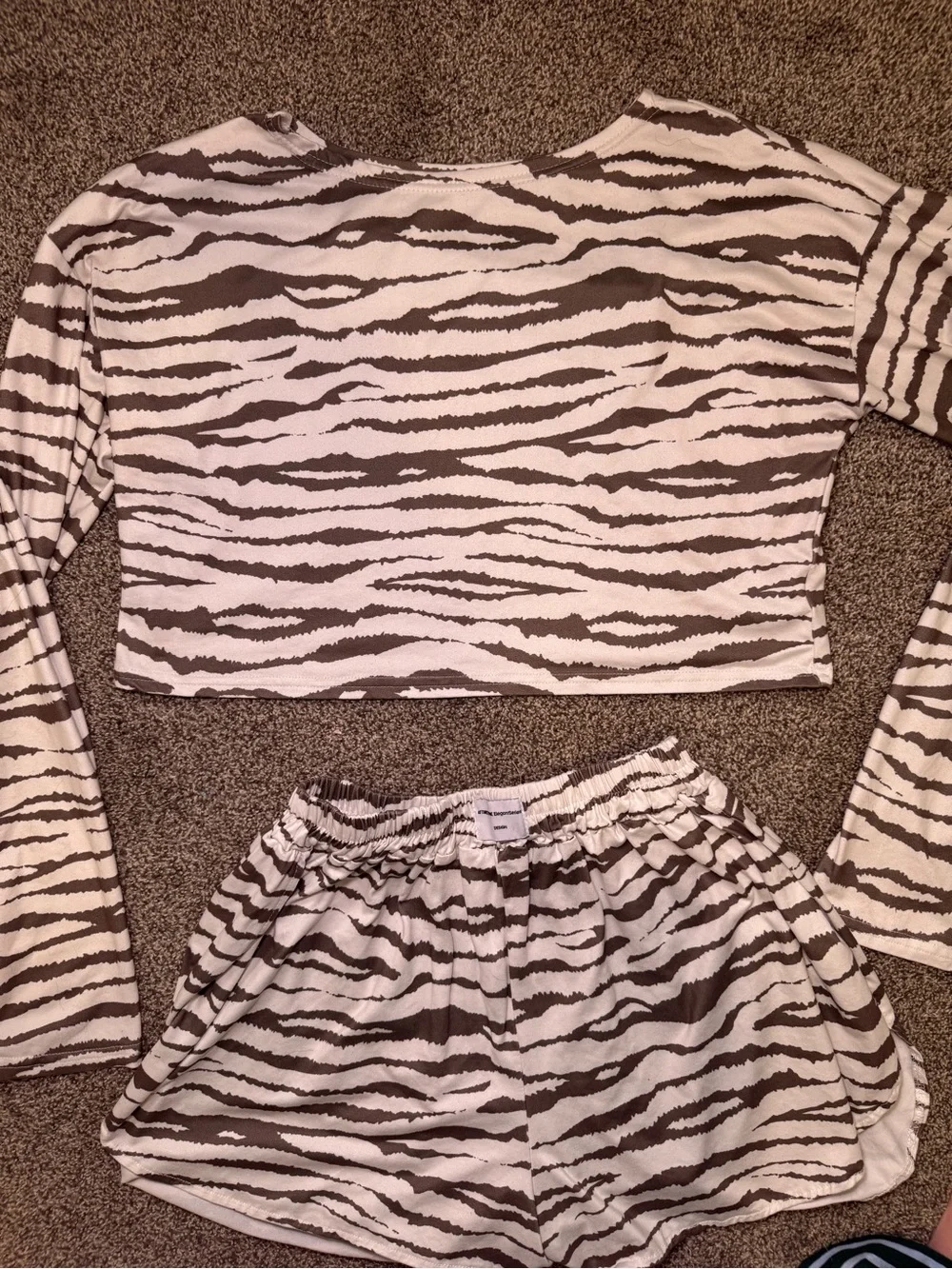 SHEIN Beige and Brown Zebra Print Long Sleeve Crop Top & Shorts Pajama Set